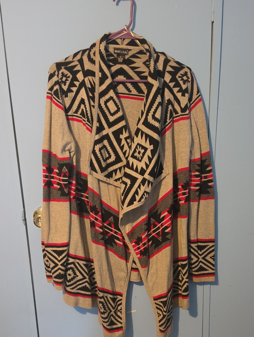 Wet Seal Beige Aztec Open Cardigan with Black and Red Pattern